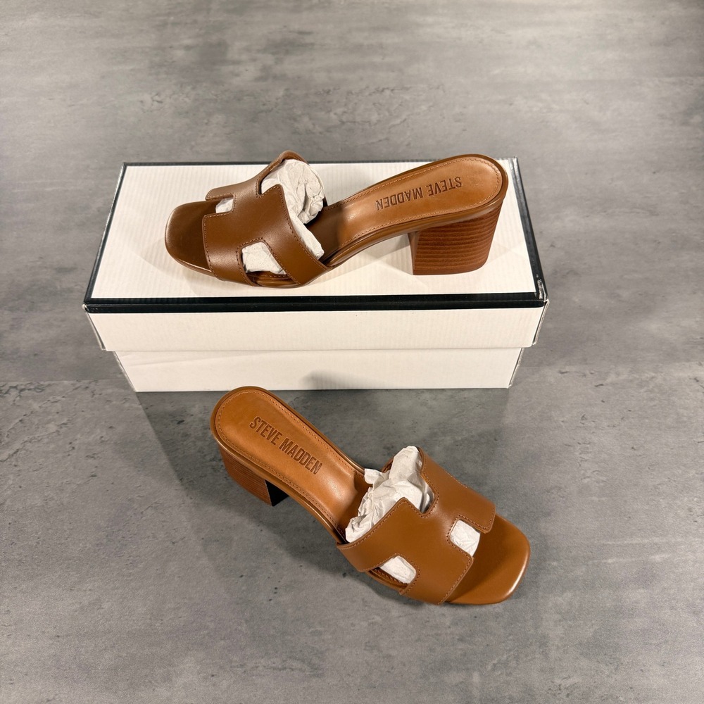 Steve Madden Sandals 6 Hana Cognac Brown Leather Block Heel Slide $110 NEW